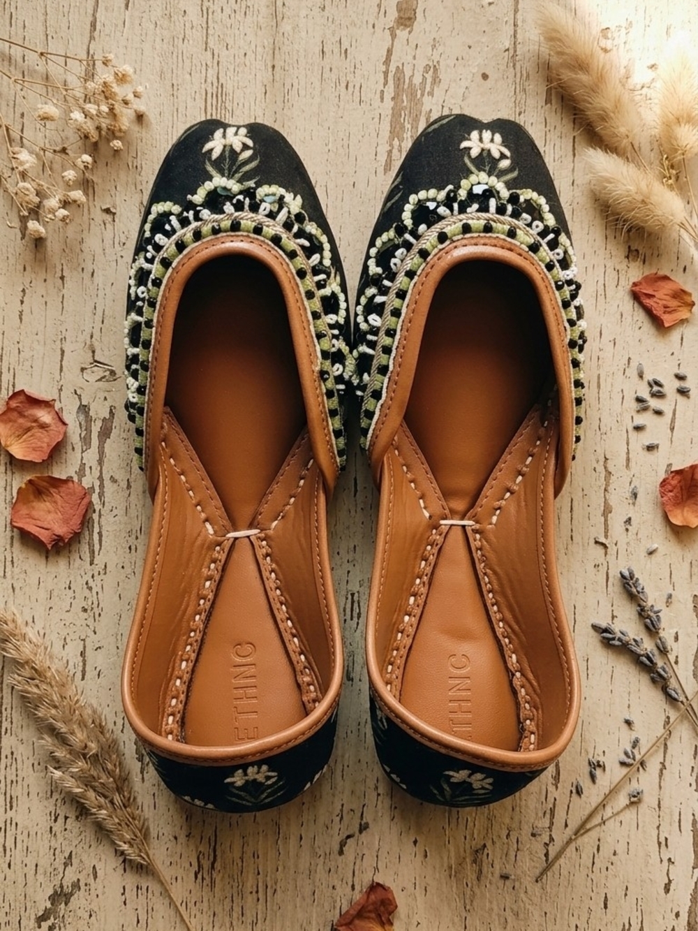 Hand-Embroidered Black and Tan Leather-Trim Jutti Flats